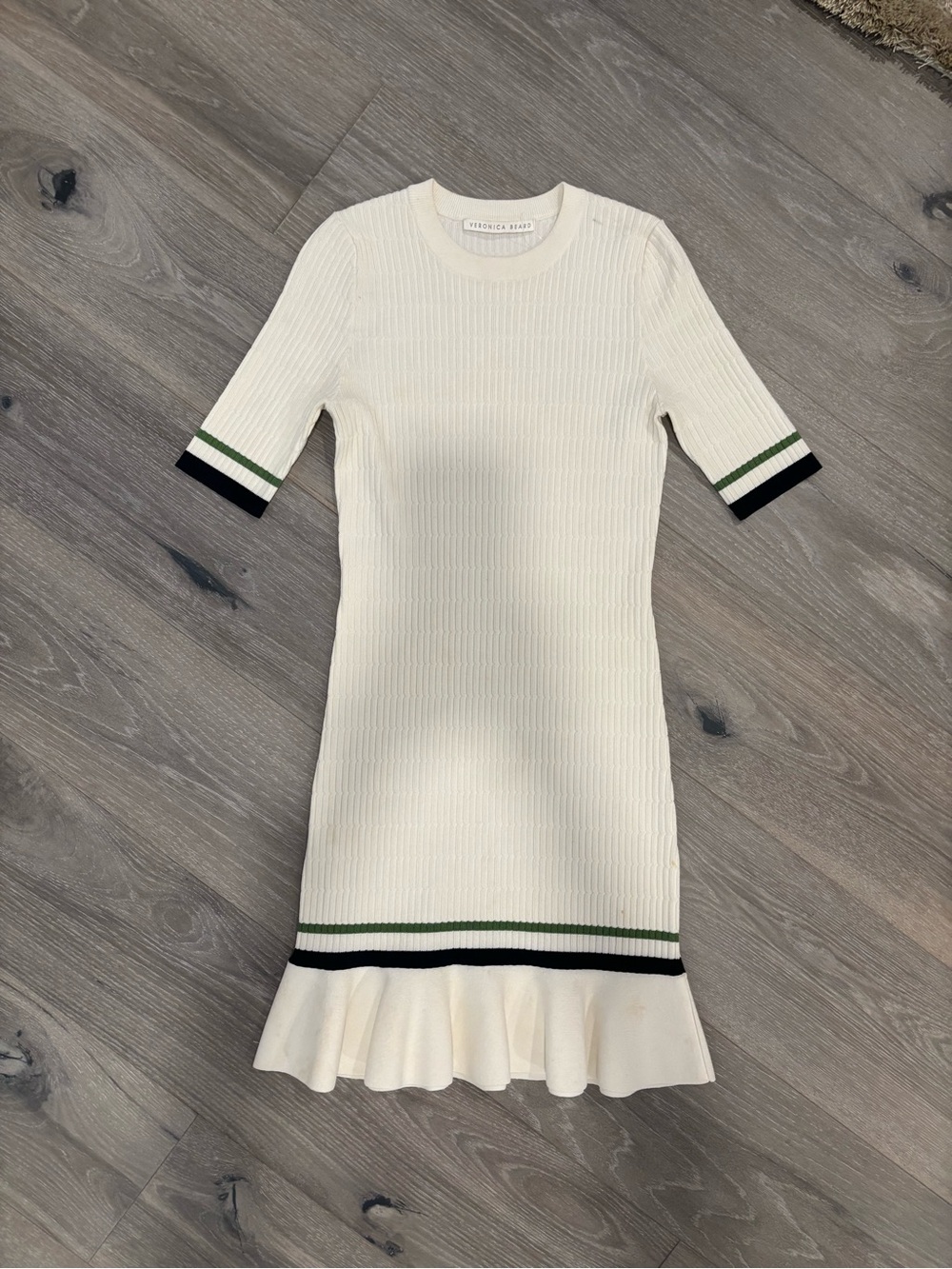 Veronica Beard Cream Ribbed Knit Dress with Stripe Trim small